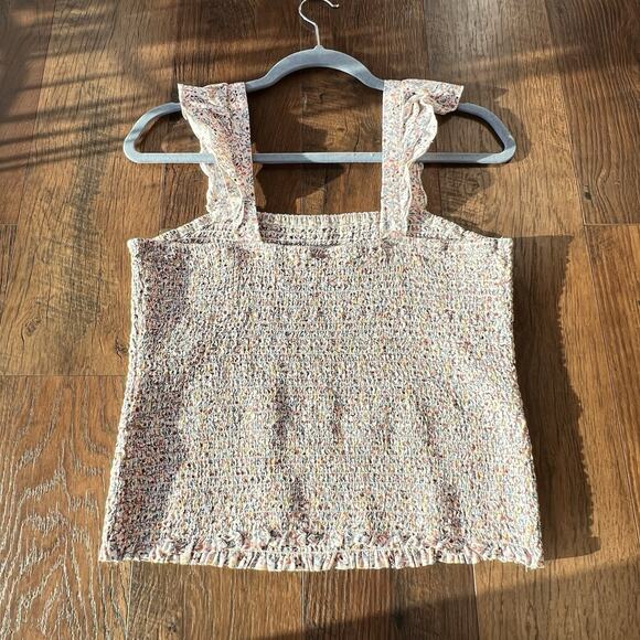 Old Navy Pink Ditsy Floral Smocked Cami Tank Top Ruffle Strap Boho Size L - Picture 1 of 7